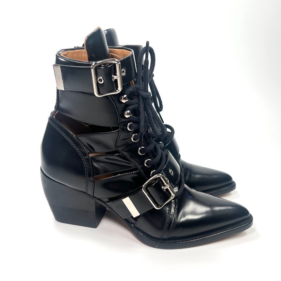 Chloe Black Leather Buckle Lace Up Heeled Boot - Picture 2 of 7